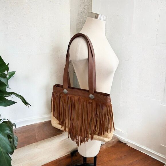 Shayanne Tan Brown Leather Fringe Bucket Purse Bag Shoulder - Picture 1 of 7